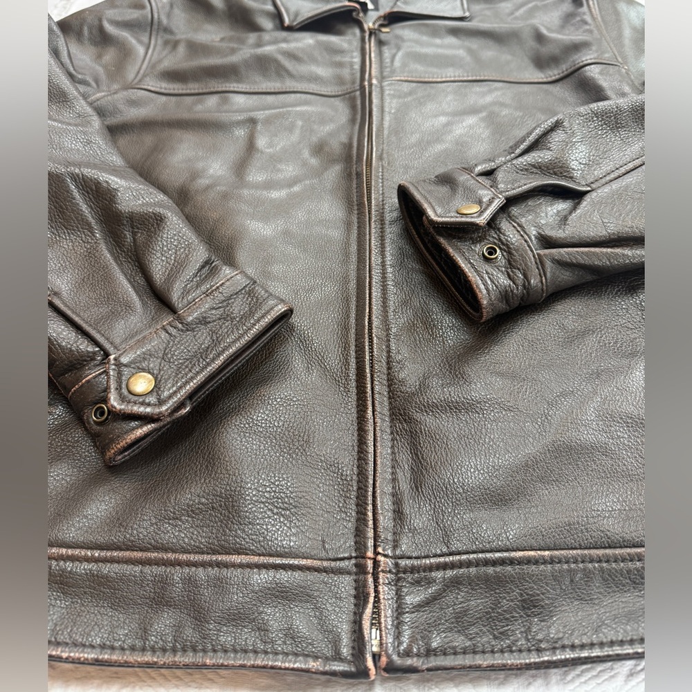 Men's Lightly Distressed Brown Leather Jacket Bomber Motorcycle Aviator- Sz XL - Picture 3 of 10